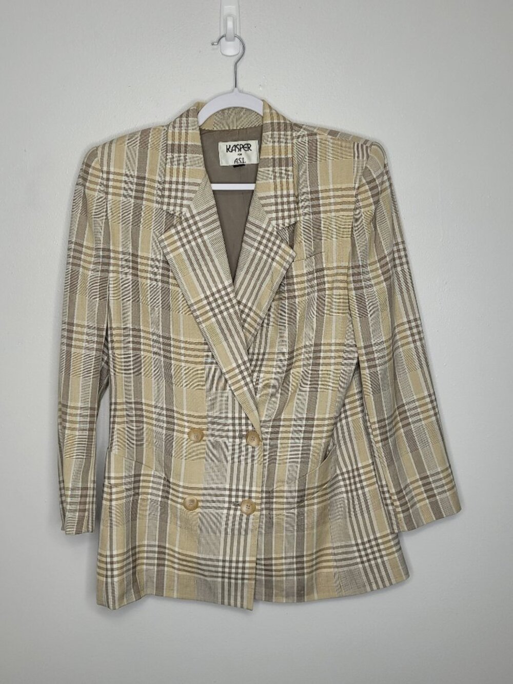 Vintage Kasper tan gray plaid button front linen blend preppy blazer size 8 FLAW
